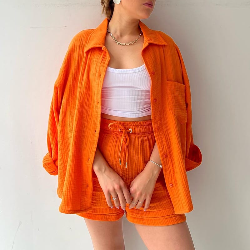Women's Wrinkled Fabric Lapel Long Sleeved Shirt Shorts Fashion Casual Set view 10