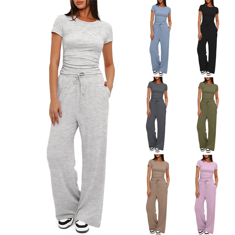 2pcs Solid Color Casual Sports Yoga Suit Short-sleeved Top And High-waisted Drawstring Wide-leg Pants Summer Fashion Set For Womens Clothing view 5