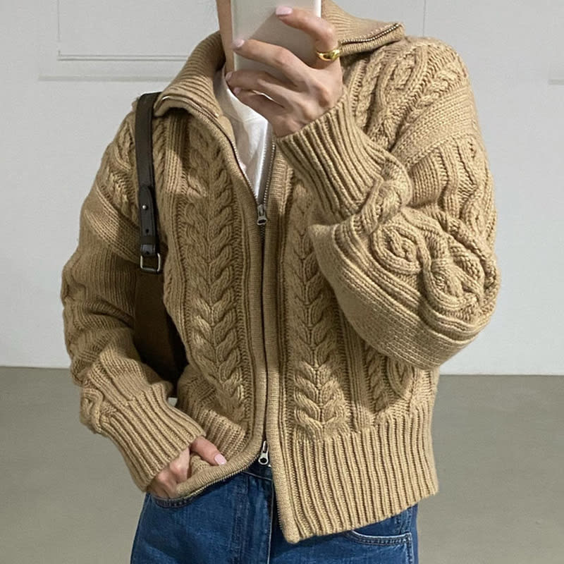 Retro Lapel Lapel Double Zipper Design Sweater view 4