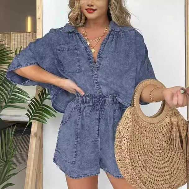 2pcs Loose Denim Suits Summer Casual Bat Sleeve Shirt And Drawstring Shorts With Pockets Women's Set view 3