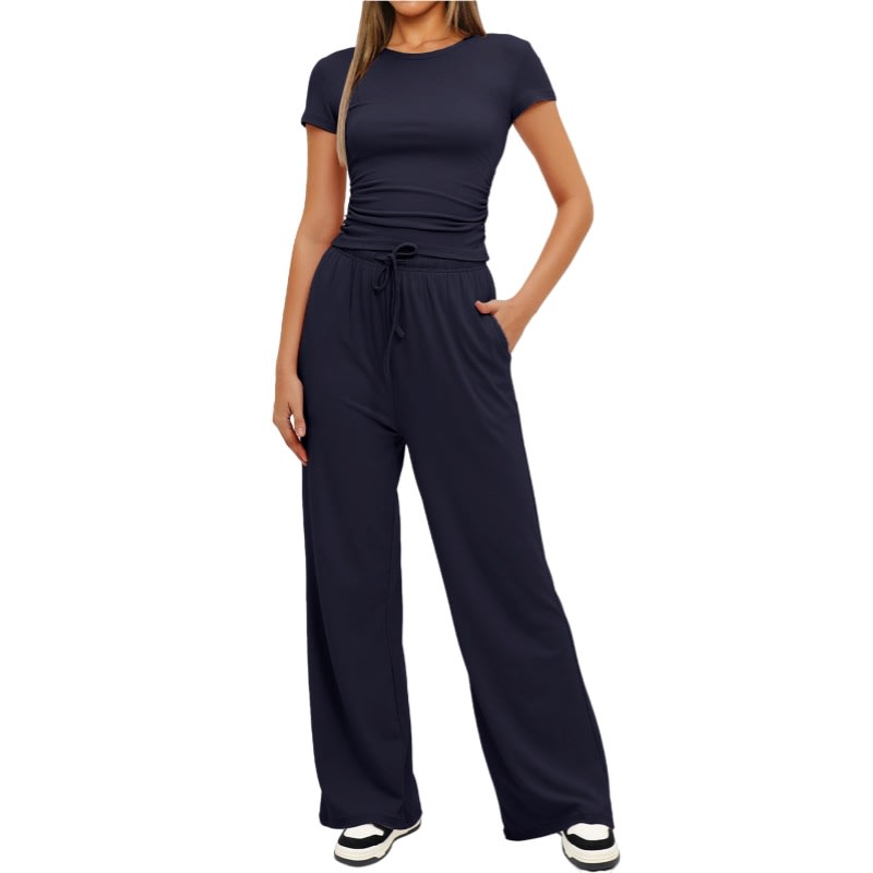 2pcs Solid Color Casual Sports Yoga Suit Short-sleeved Top And High-waisted Drawstring Wide-leg Pants Summer Fashion Set For Womens Clothing view 2