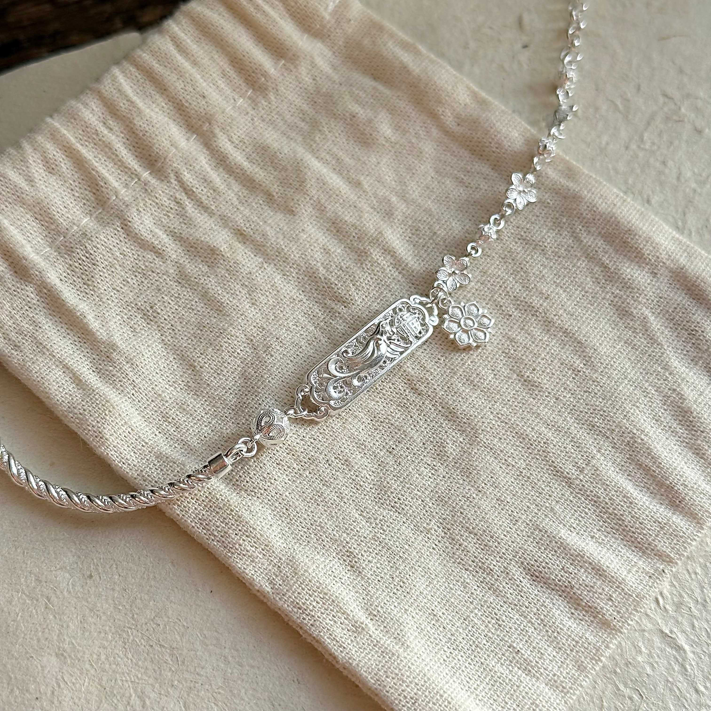 1pc 999 Sterling Silver Hollow Phoenix & Flower Bracelet, Retro Chinese Style, Perfect For Daily Wear & Valentine's Gifts view 3