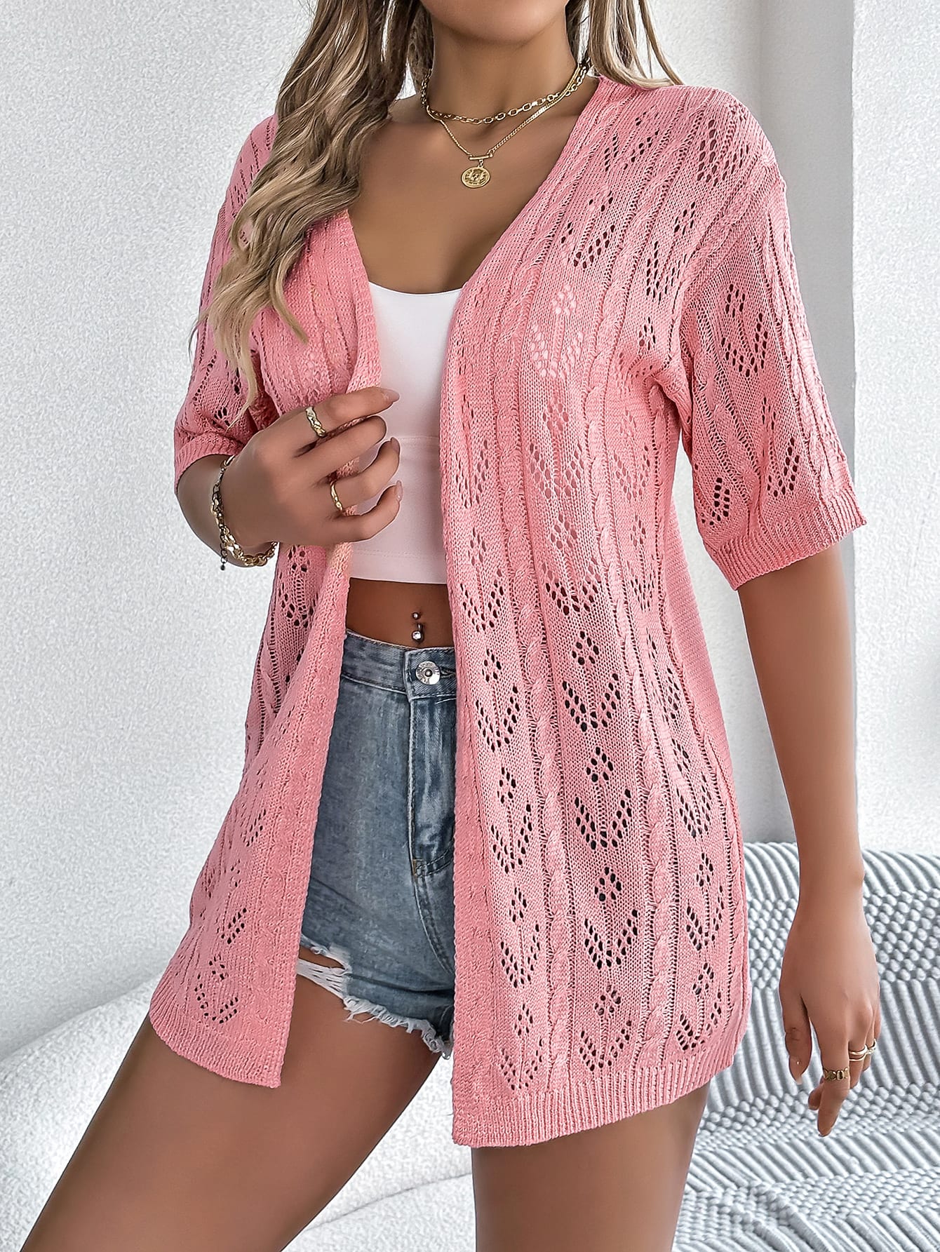 Women S Hollow Out Short Sleeve Knit Cardigan Vacation Cover-Up view 1