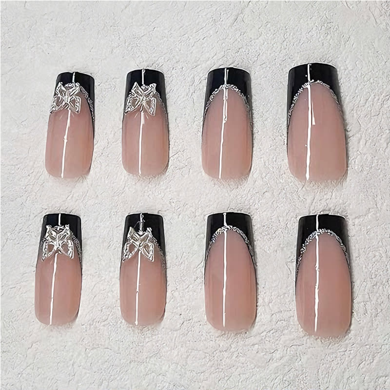 24 PCS Black P Ink Butterfly Nail Art, Long Length Long Water Pipe Fake Nails,Square Head Nail Tips False Nail view 9