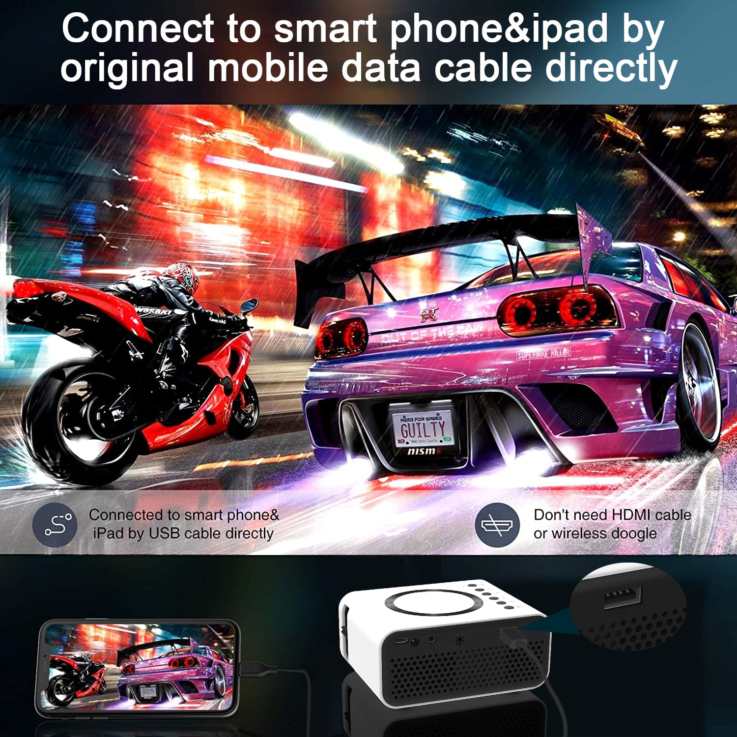 YT300 Mobile Video Projector Support 1080P Home Theater Media Player Wired Wireless Same Screen Android IOS Smartphone view 5