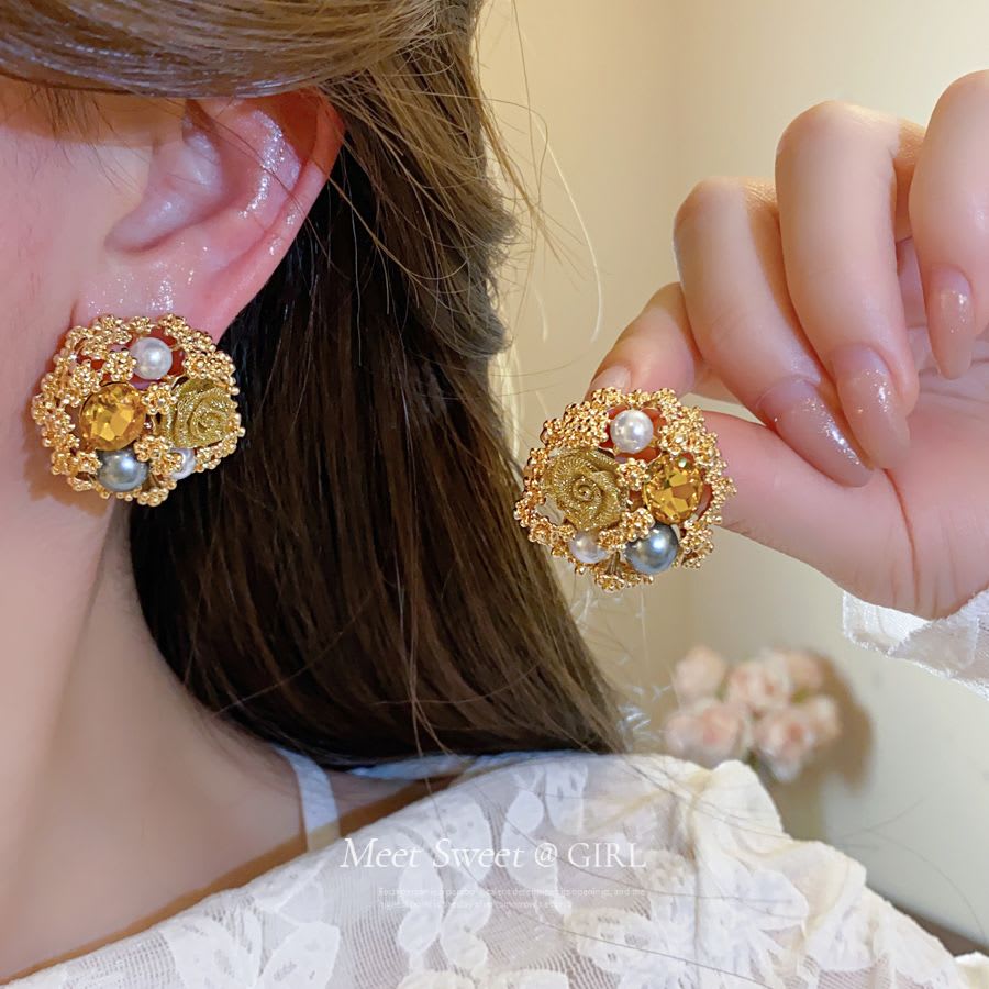 Silver Post Earrings With Classic Royal Court Style. Exquisite Flower Design Decorated With Diamonds And Pearls, Luxury, Unique And High-end For Daily Wear. view 15