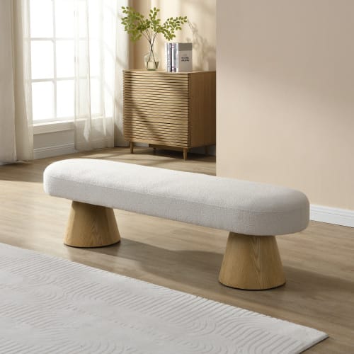 Dining Bench For Dining Room, Upholstered Bedroom End Of Bed Entryway Bench, Boucle Ottoman For Living Room, 64L Beige Stool Top Wood Leg 300 LBS Weight Capacity view 2