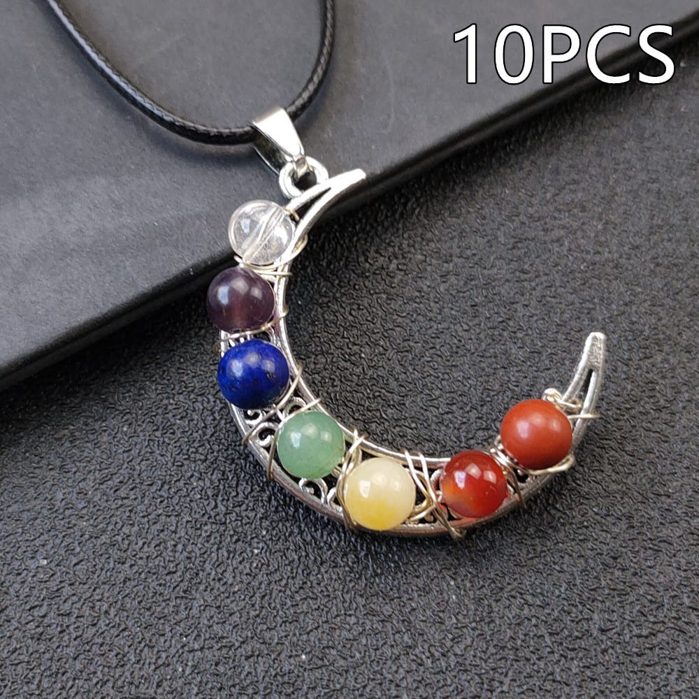 Crystal Stone Seven Chakras Moon Pentagram Necklace view 3