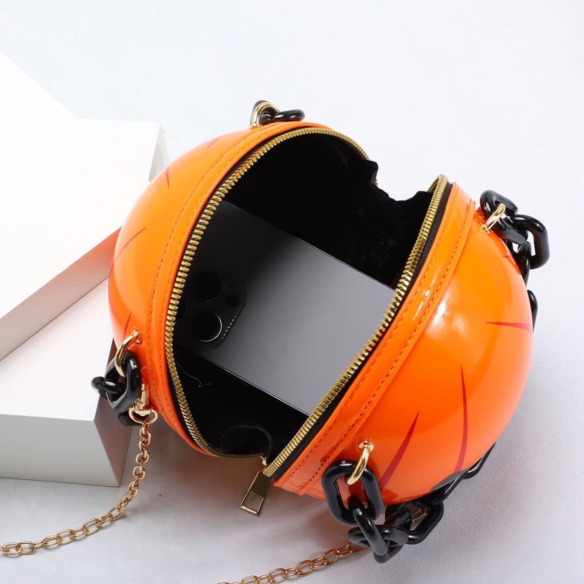 Halloween Cartoon Pumpkin Ball Handbags With Chain Personality Creative Funny Shoulder Bags For Kids Women view 9