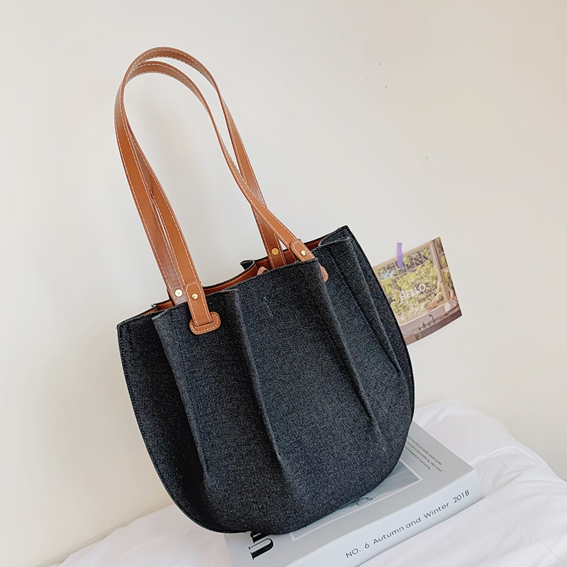 New Fashion Canvas Denim Pleated Tote Shoulder Bag view 3