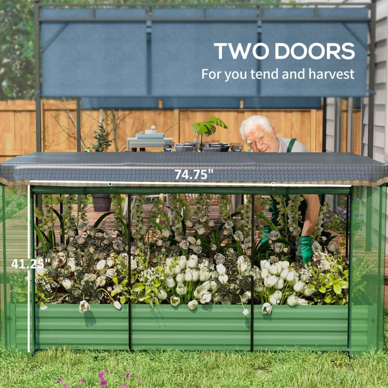 Galvanized Steel Planter Box With Crop Cage And Shade Cloth, Raised Garden Bed-Green view 6