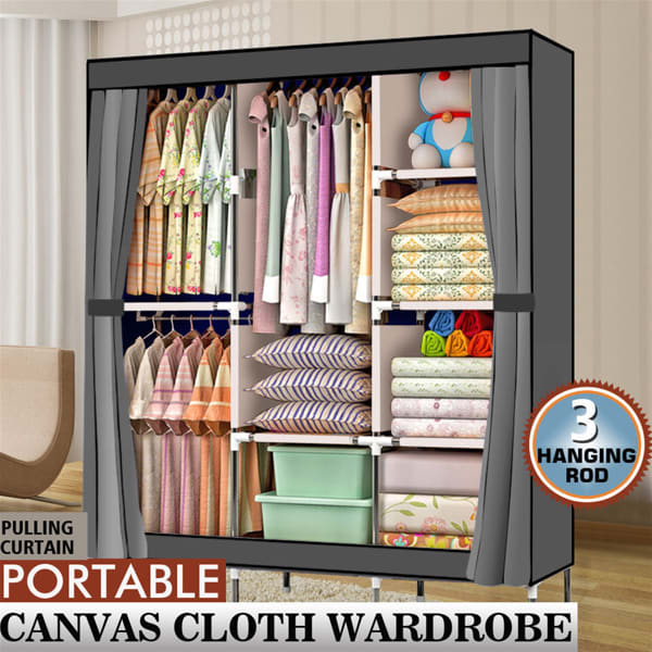 4 Layers, 8 Grids With Fabric Cover, 3 Hanging Clothes Poles, Non-woven Wardrobe view 6