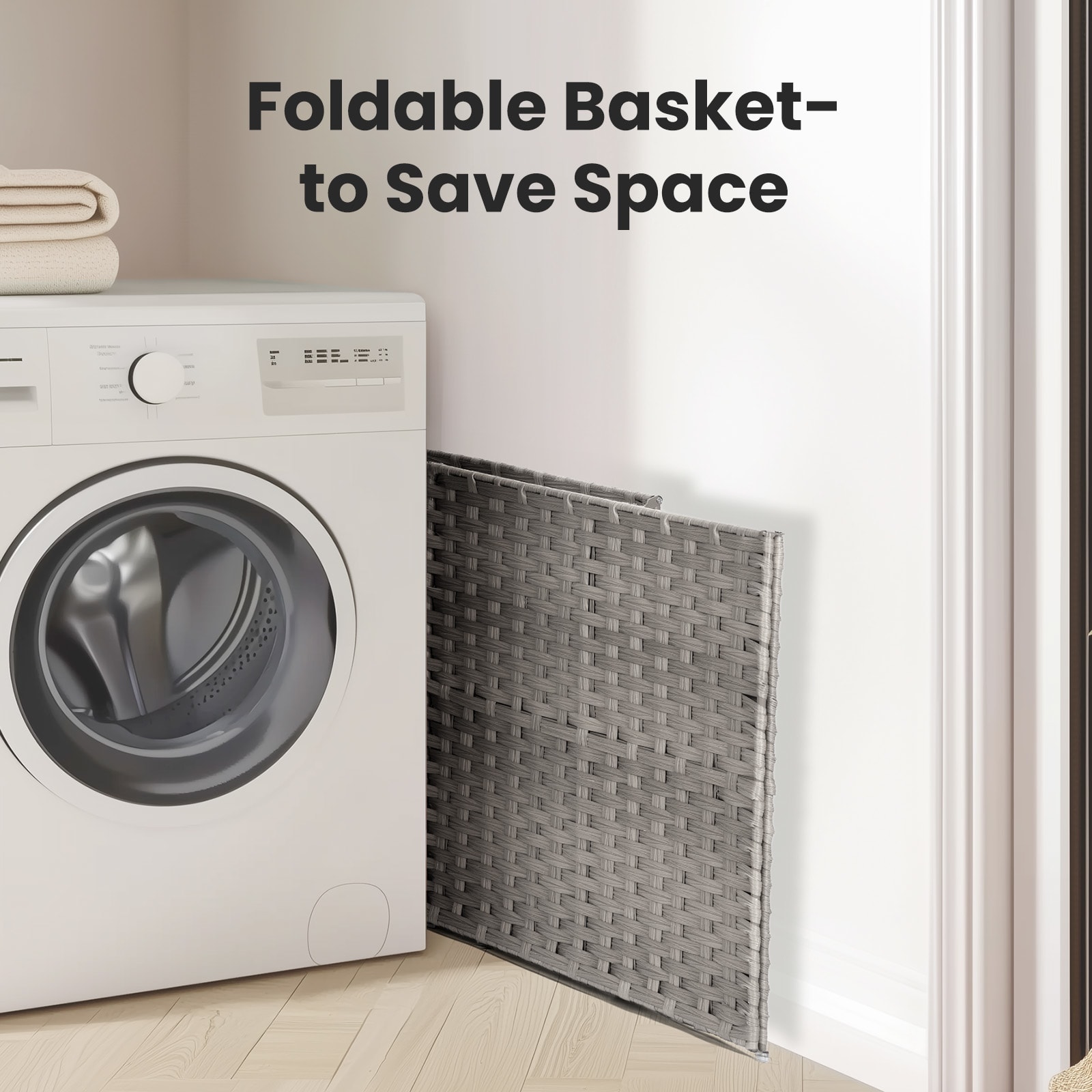 Laundry Basket With Lid, 110 L Hand-Woven Pp Rattan Laundry Basket With Compartments & Handles, Foldable, Removable Liner view 9