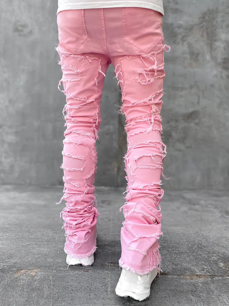 Ins Fringes Ripped Trousers Individual Patched Pants Long Tight Fit Stacked Jeans For Mens Clothing view 13