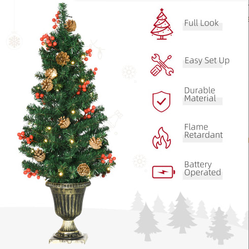 HOMCOM Prelit Holiday Christmas 4-Piece Set, Garland Wreath And Set Of 2 Entrance Trees With Warm White LED Lights, Red Berries, Pine Cones, Green view 6