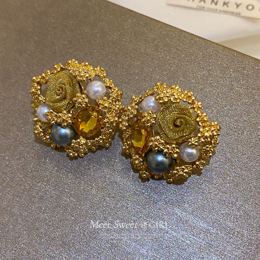 Silver Post Earrings With Classic Royal Court Style. Exquisite Flower Design Decorated With Diamonds And Pearls, Luxury, Unique And High-end For Daily Wear. view 2