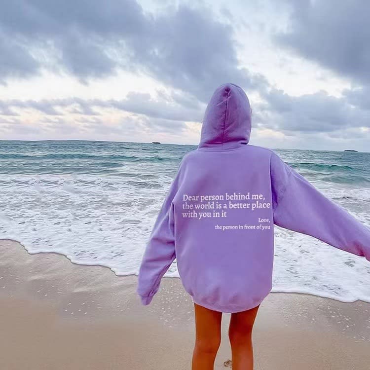 Dear Person Behind Me,the World Is A Better Place,with You In It,love,the Person In Front Of You,Women's Plush Letter Printed Kangaroo Pocket Drawstring Printed Hoodie Unisex Trendy Hoodies view 6