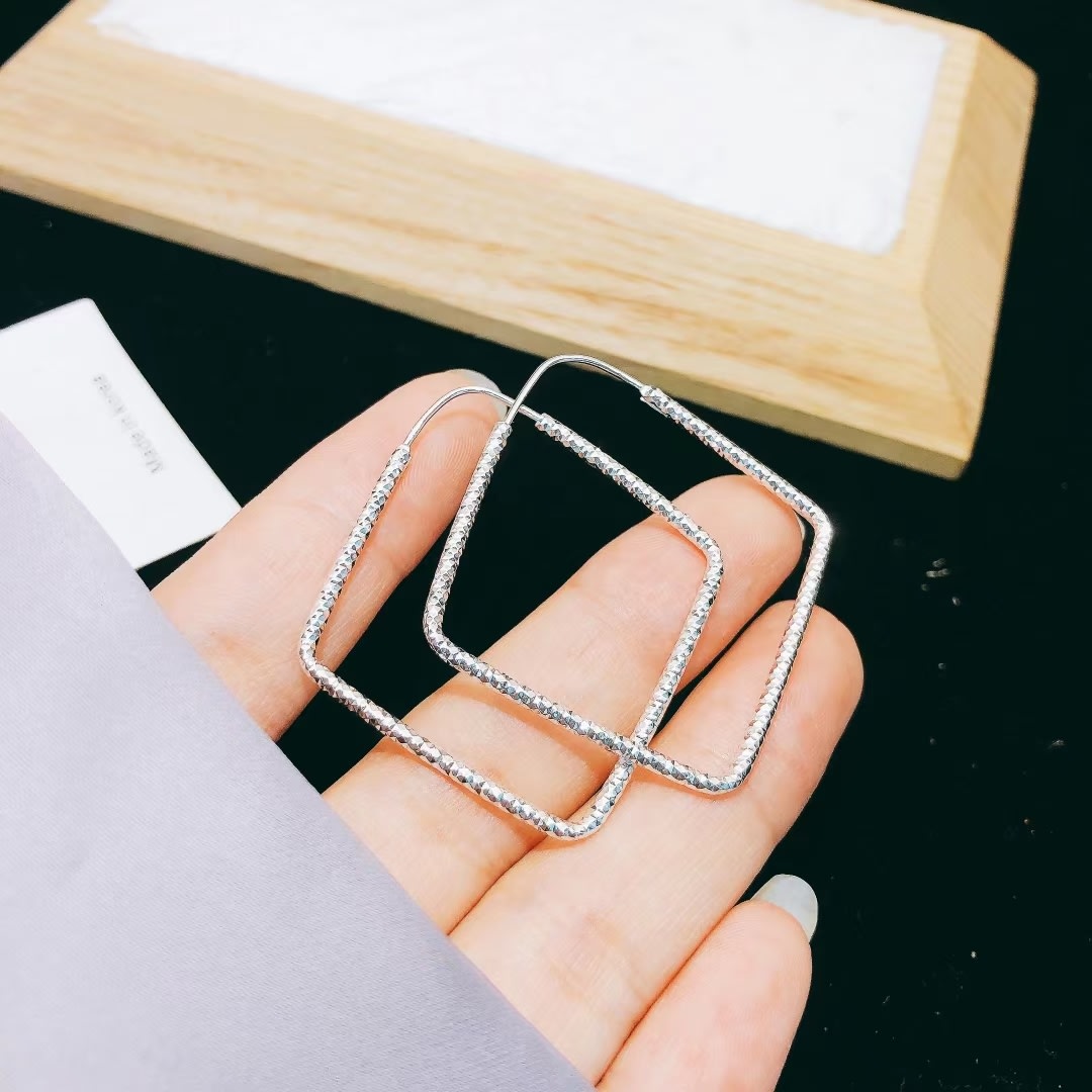 1 Pair 999 Sterling Silver Geometric Hoop Earrings, Minimalist Style, Perfect For Daily Wear And Valentine's Gift view 11