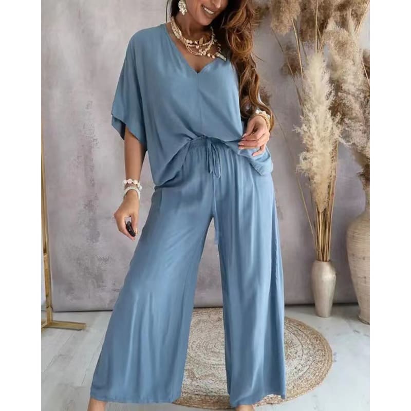 Women's 2 Piece Outfit, Casual Solid Color V-Neck Half Sleeve Top And Wide Leg Pants Lounge Set view 13