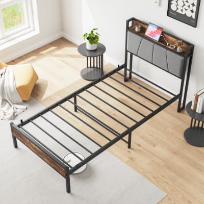 Twin Size Bed Frame, Storage Headboard With Charging Station, Solid And Stable, No Box Spring Needed, Easy Assembly view 13