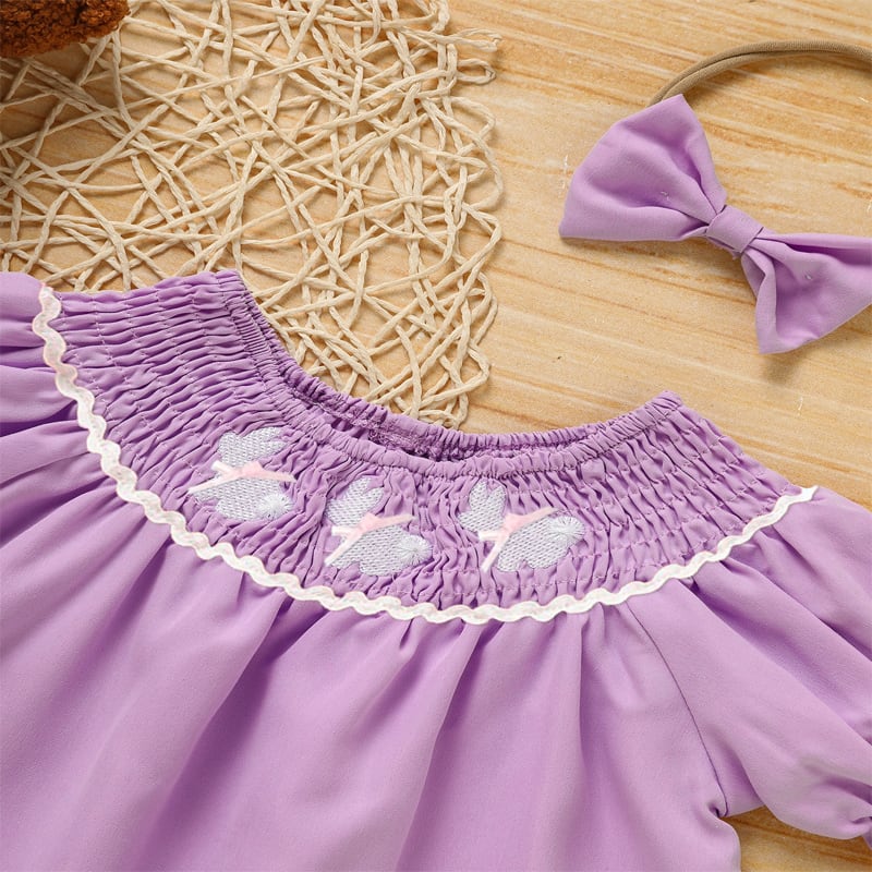 Toddler Girl's Bunny Dress Bow Headband Ruffle Sleeve Smocked Dress With Rabbit Embroidery For Summer view 9
