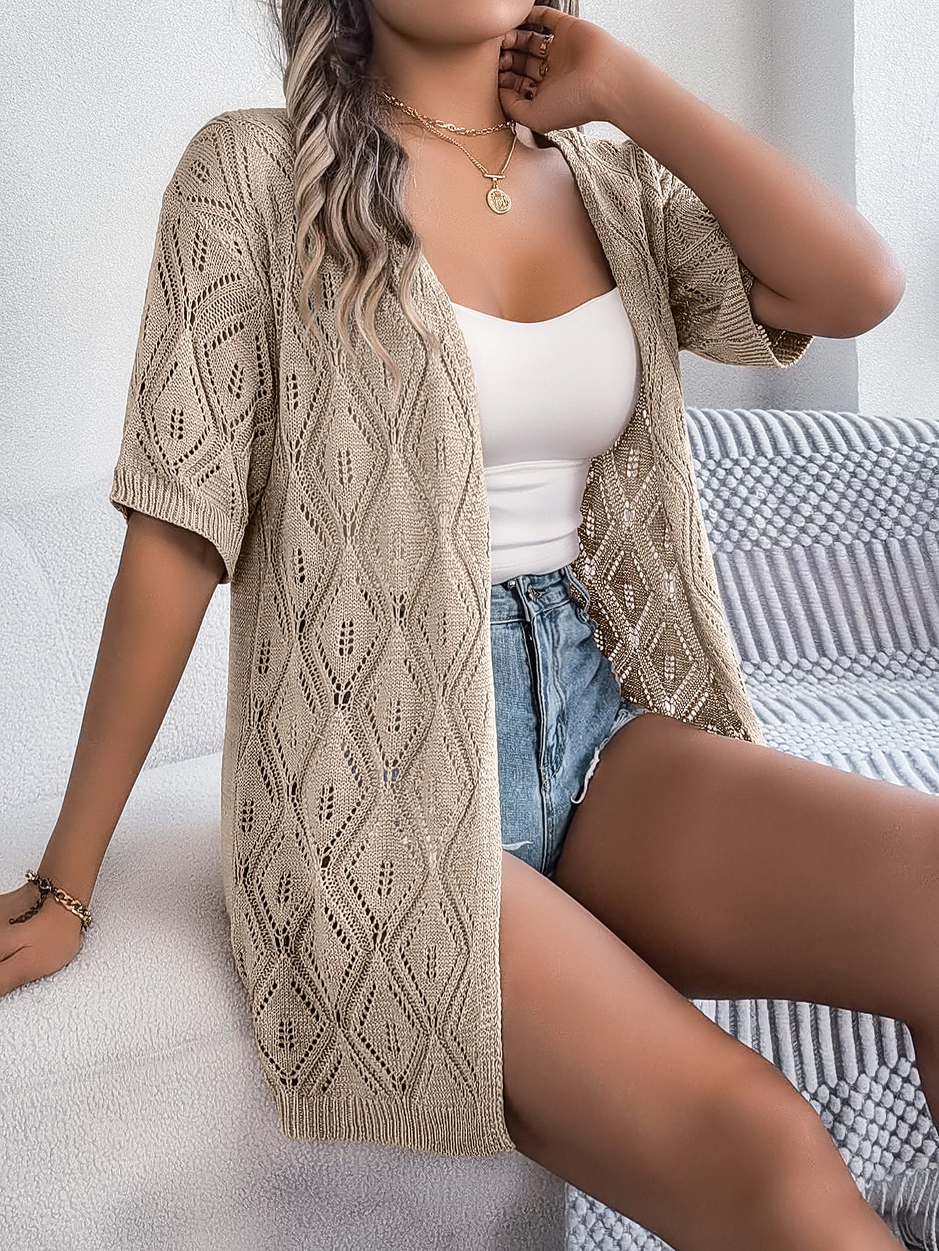 Women S Hollow Out Plaid Short Sleeve Knit Beach Cover-Up view 15