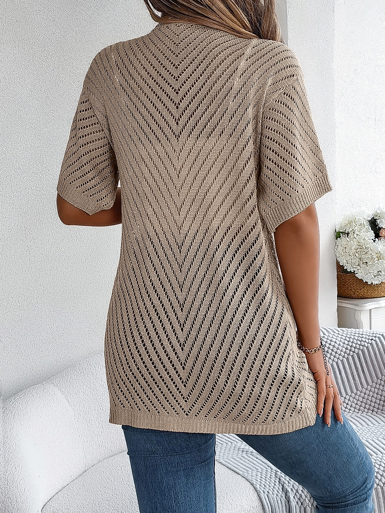 Women S Vertical Stripe Hollow Out Short Sleeve Knit Cardigan Cover-Up view 4
