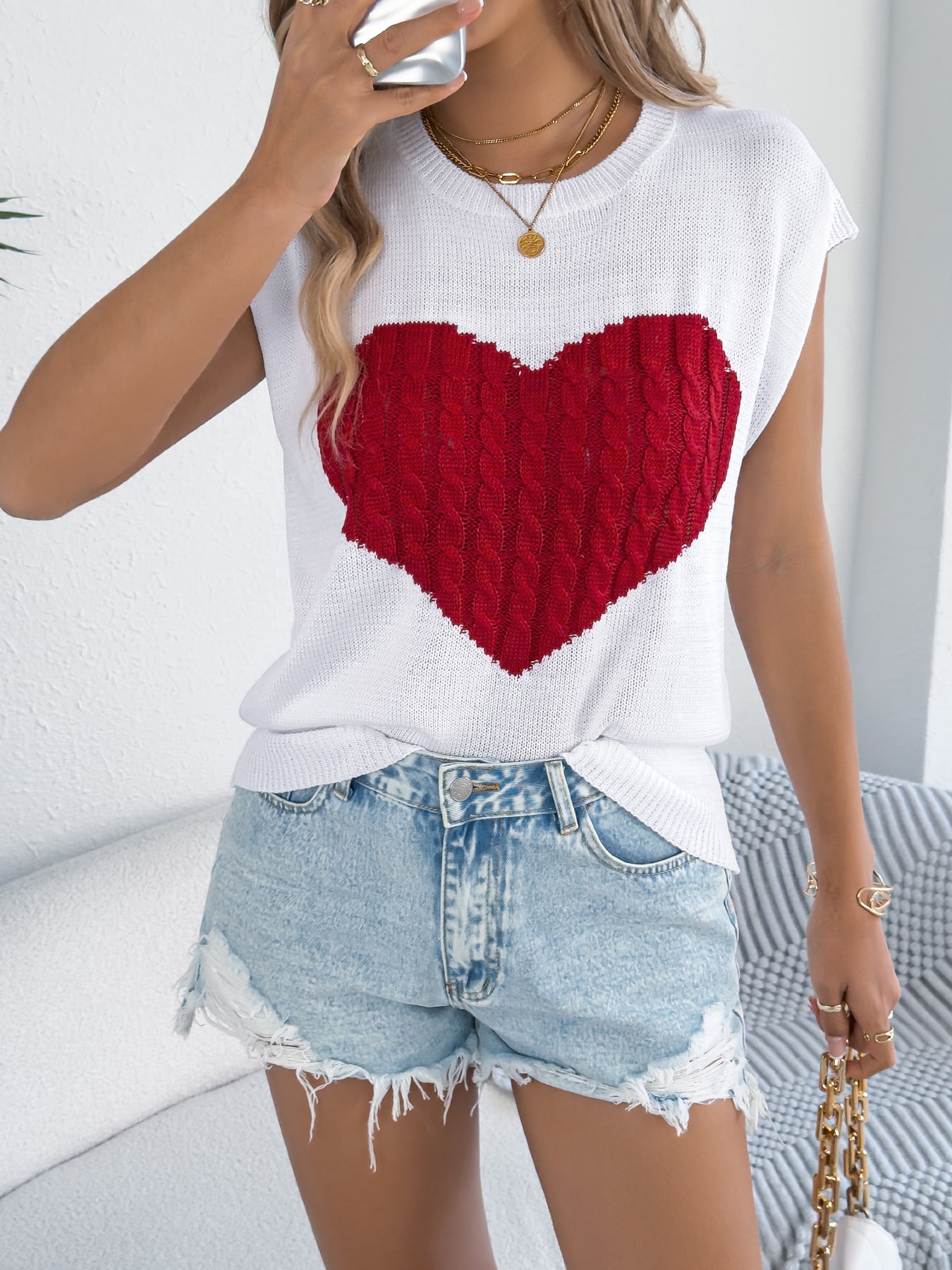 Women S Color Block Heart Loose Knit Valentine S Sweater Top view 2