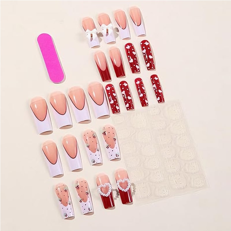 24 PCS Strawberry Bow Nail Art, Long Length Long Water Pipe Fake Nails,Square Head Nail Tips False Nail view 7