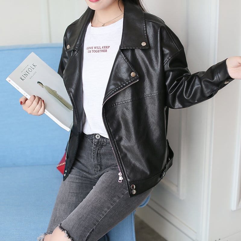 European And American Slim Student Locomotive Loose Boyfriend Style Leather Jacket view 4