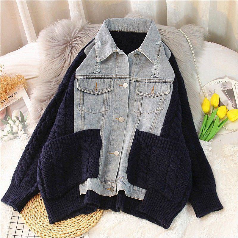Large Size Women's Loose Denim Jacket Thickened Sweater Knitted Cardigan view 4