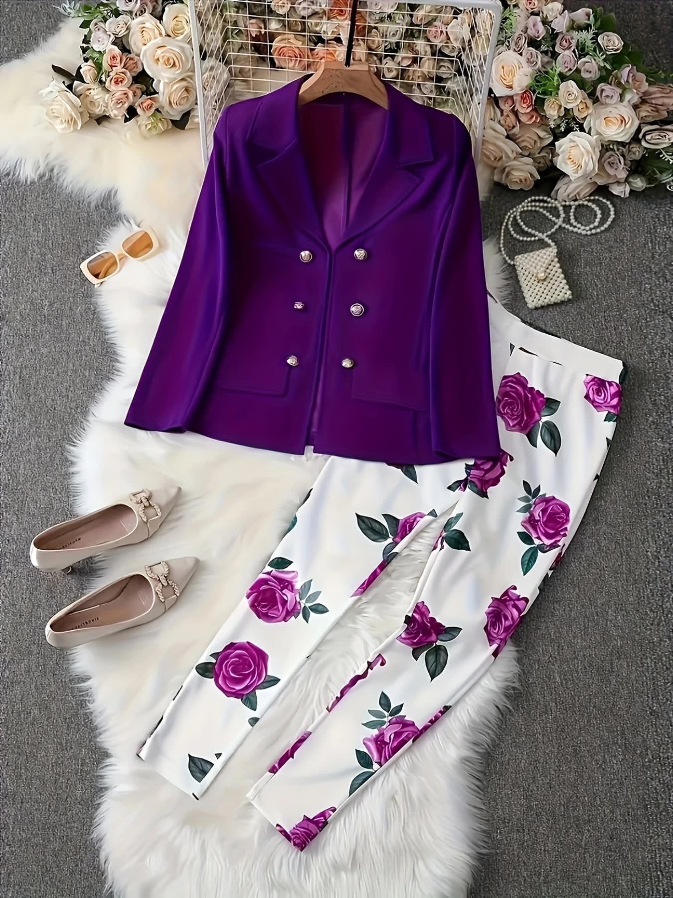 New Elegant And Fashionable Casual Floral Print Set, Double Breasted Purple Suit Jacket And Floral Print High Waisted Slim Pants, Spring And Autumn Women’s Clothing view 3
