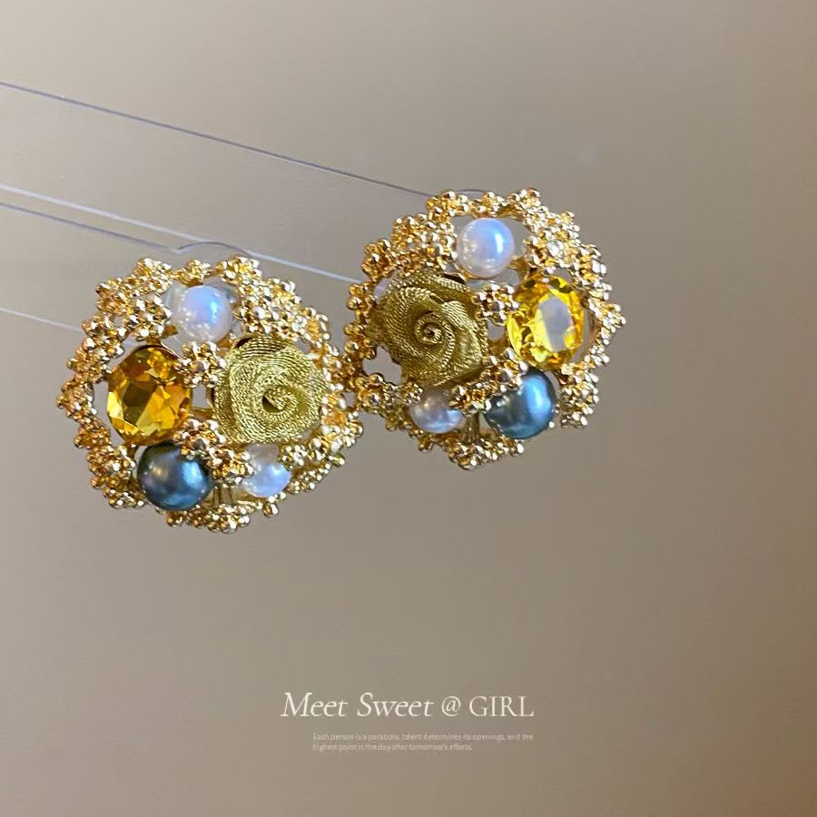 Silver Post Earrings With Classic Royal Court Style. Exquisite Flower Design Decorated With Diamonds And Pearls, Luxury, Unique And High-end For Daily Wear. view 5