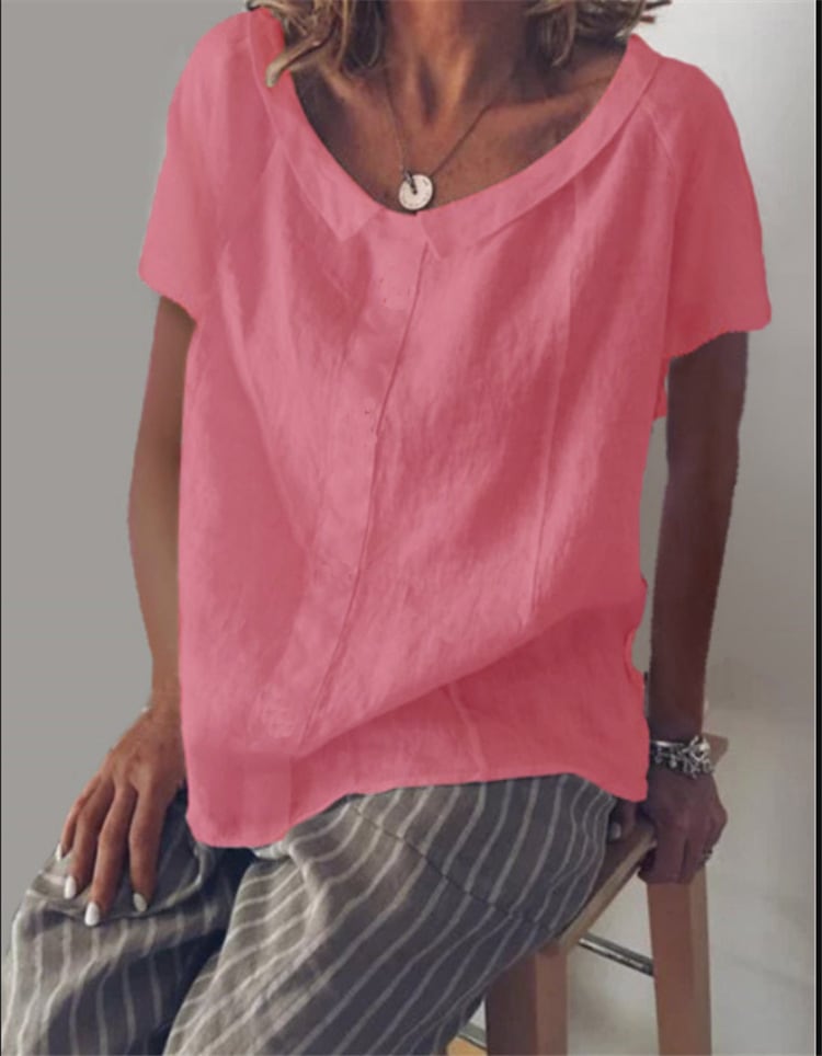 Round Neck Short Sleeve Cotton And Linen Pullover T-shirt view 7