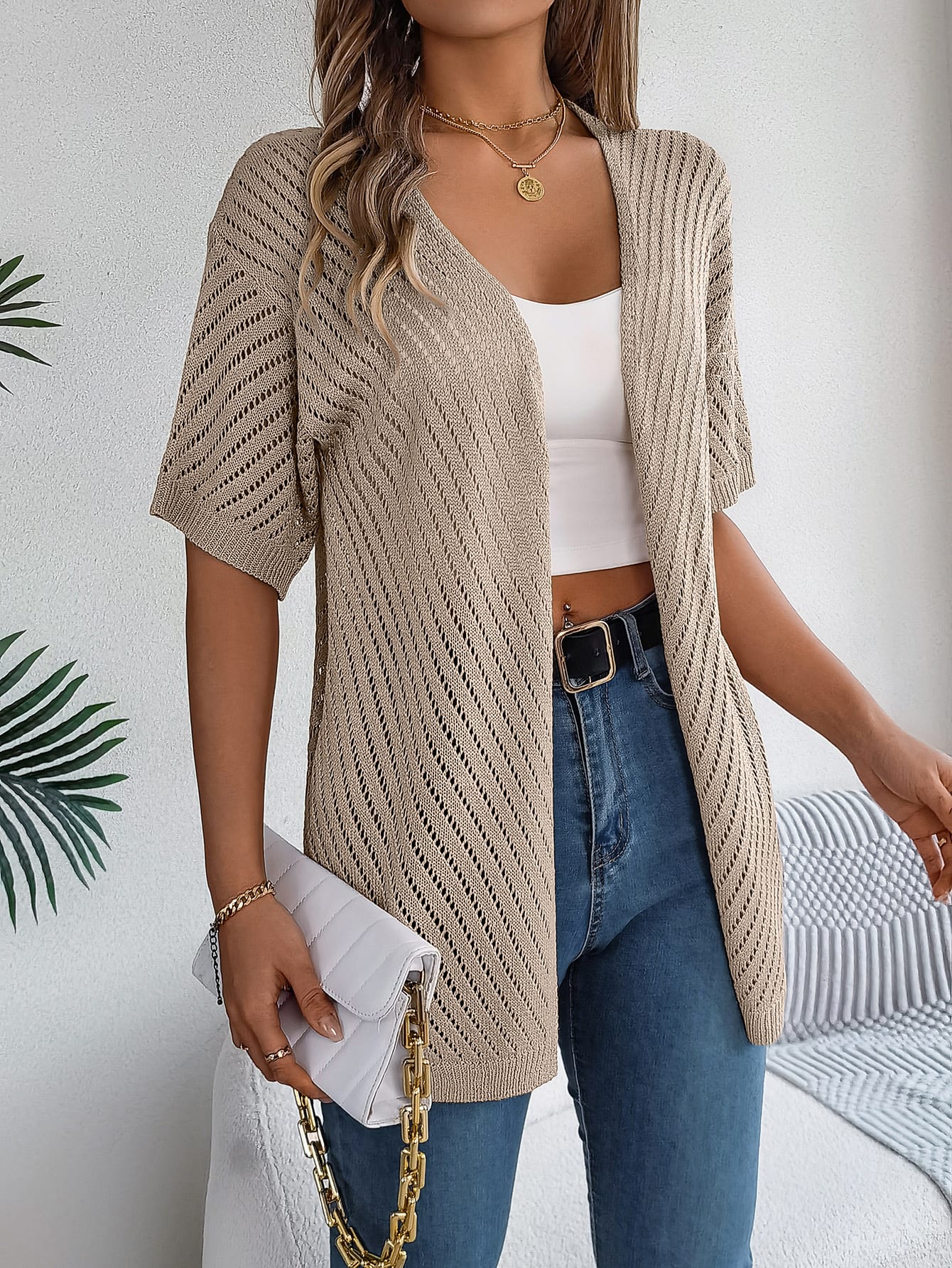 Women S Vertical Stripe Hollow Out Short Sleeve Knit Cardigan Cover-Up view 14