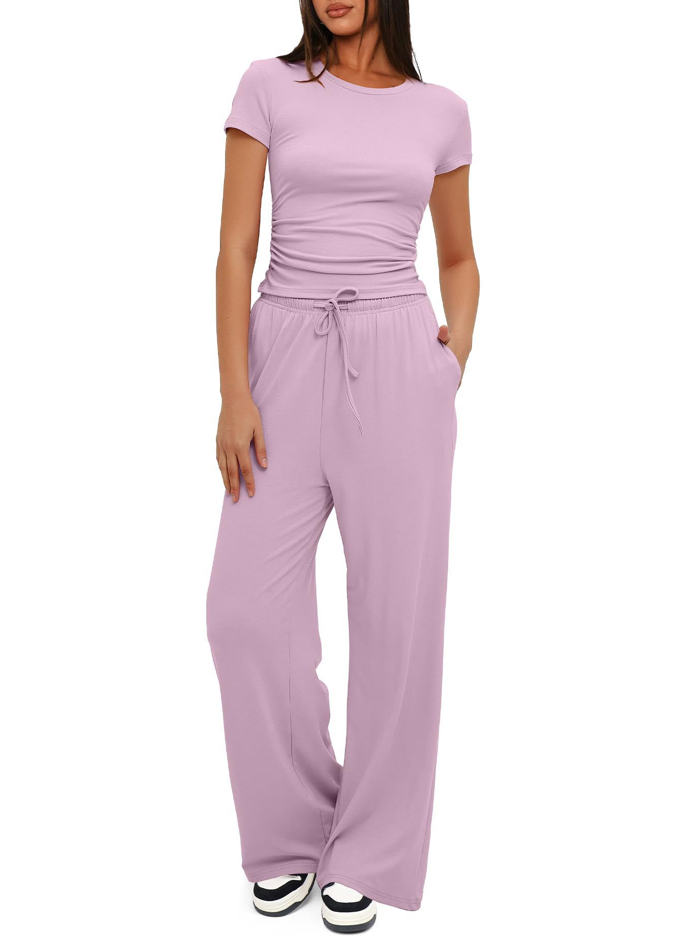 2pcs Solid Color Casual Sports Yoga Suit Short-sleeved Top And High-waisted Drawstring Wide-leg Pants Summer Fashion Set For Womens Clothing view 12