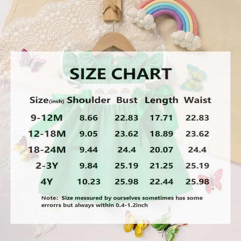Toddler Girl's Ruffle Sleeve Dress Rainbow Embroidery & Bow Detail With Back Button Closure