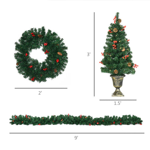 HOMCOM Prelit Holiday Christmas 4-Piece Set, Garland Wreath And Set Of 2 Entrance Trees With Warm White LED Lights, Red Berries, Pine Cones, Green view 4