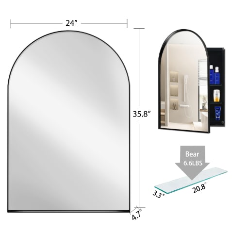 24x36 Inch Arched Recessed Medicine Cabinet, Metal Framed Bathroom Wall Cabinet With Mirror And Adjustable Shelves, Wall Mirror With Storage For Bathroom, Matte Black view 2