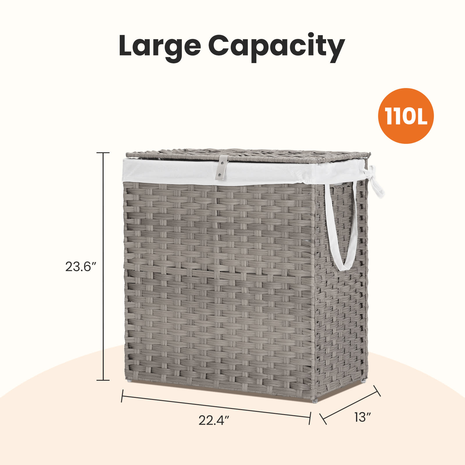 Laundry Basket With Lid, 110 L Hand-Woven Pp Rattan Laundry Basket With Compartments & Handles, Foldable, Removable Liner view 14