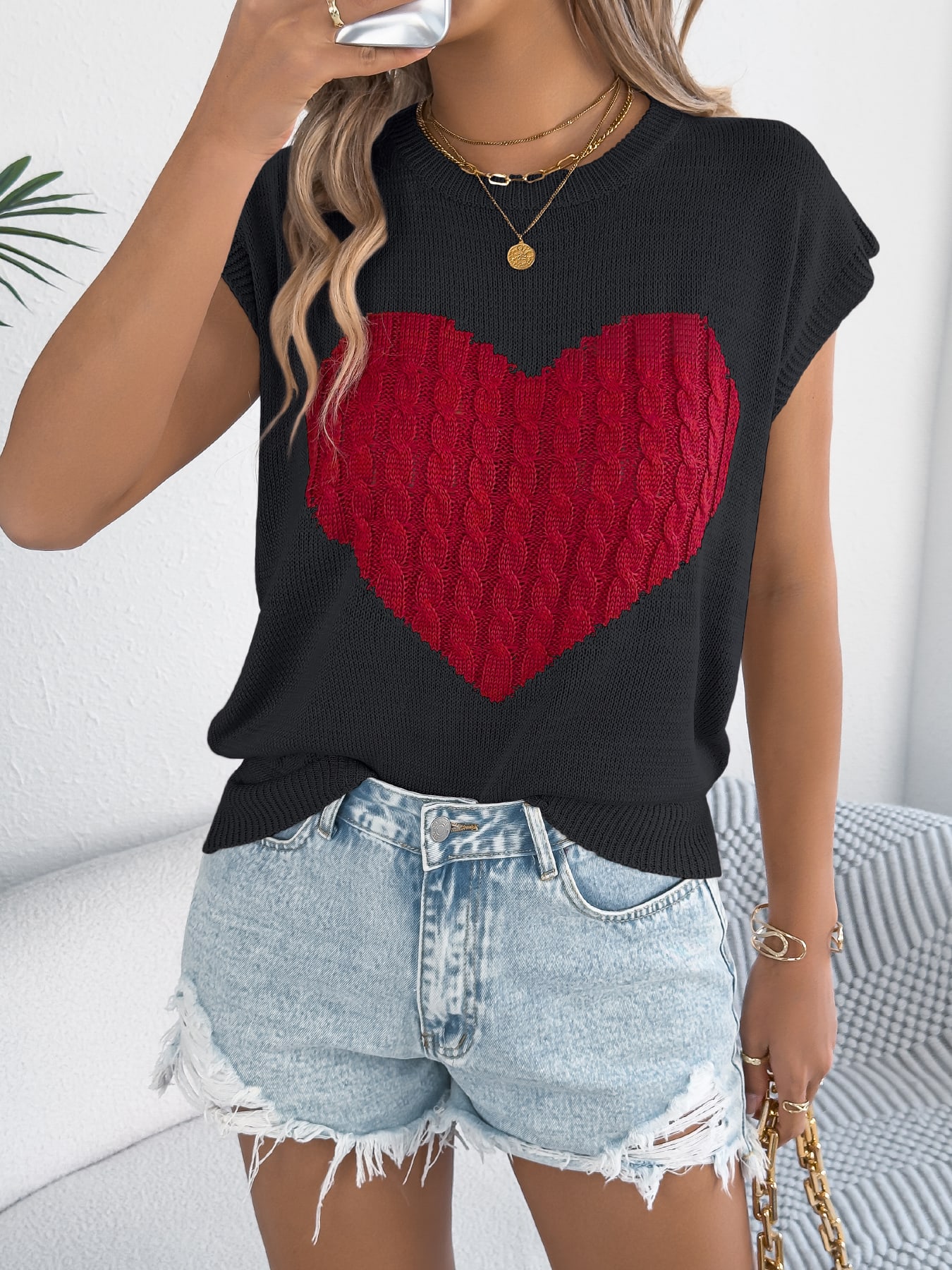 Women S Color Block Heart Loose Knit Valentine S Sweater Top view 10