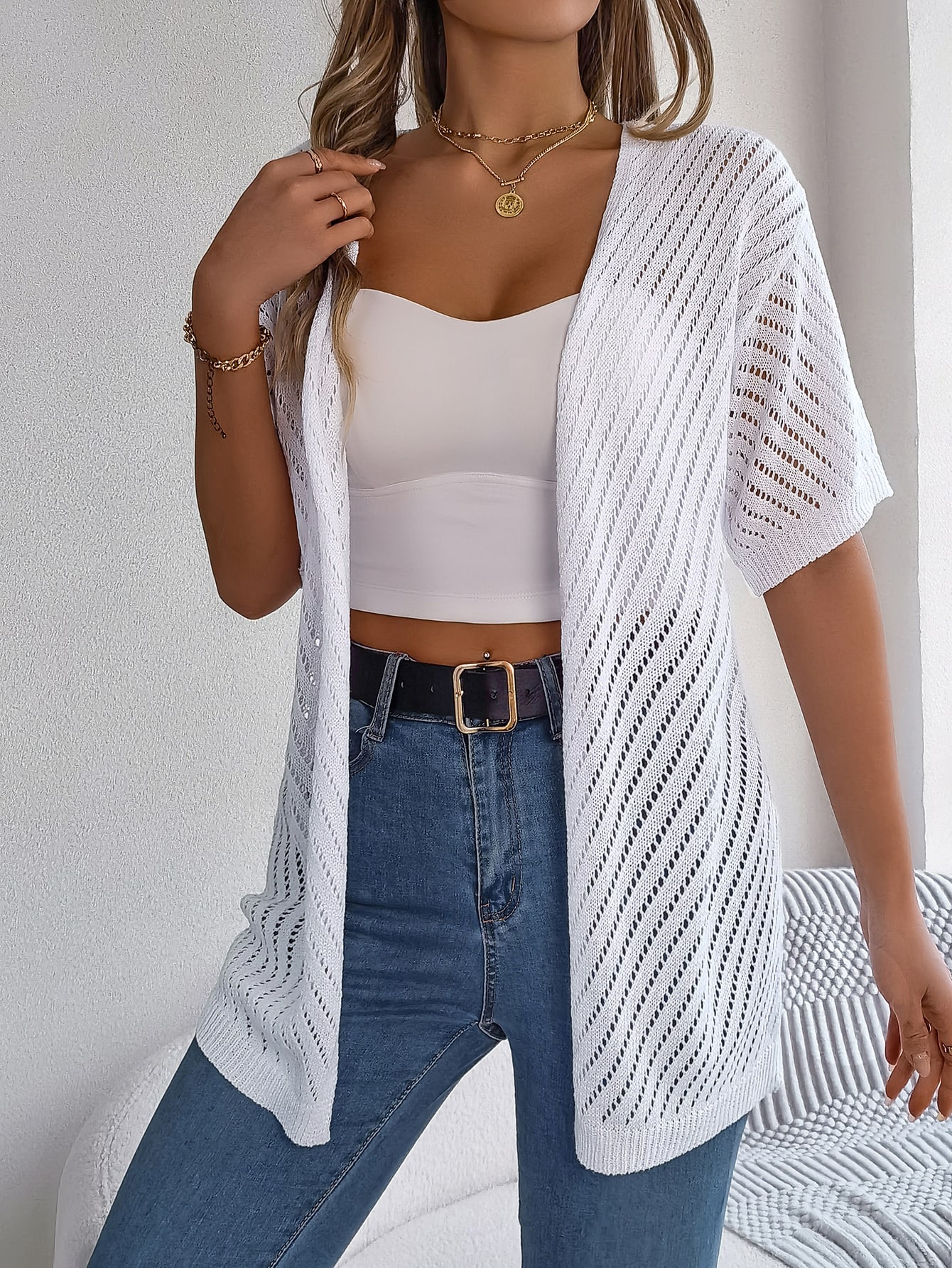 Women S Vertical Stripe Hollow Out Short Sleeve Knit Cardigan Cover-Up view 15