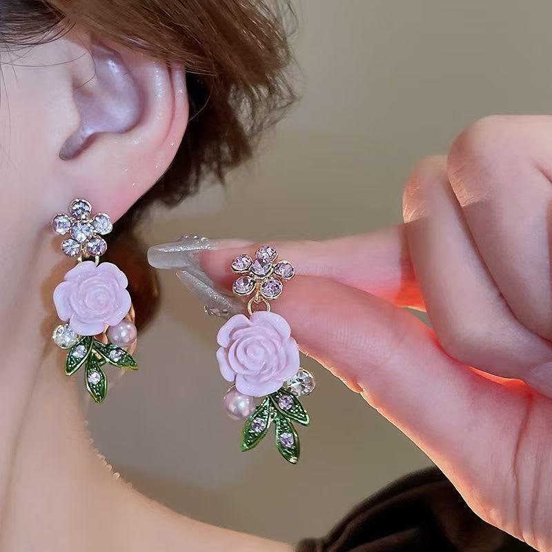 Silver Post Earrings With Classic Royal Court Style. Exquisite Flower Design Decorated With Diamonds And Pearls, Luxury, Unique And High-end For Daily Wear. view 14