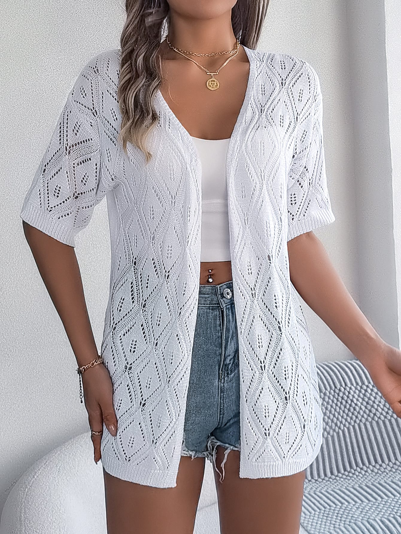 Women S Hollow Out Plaid Short Sleeve Knit Beach Cover-Up view 4