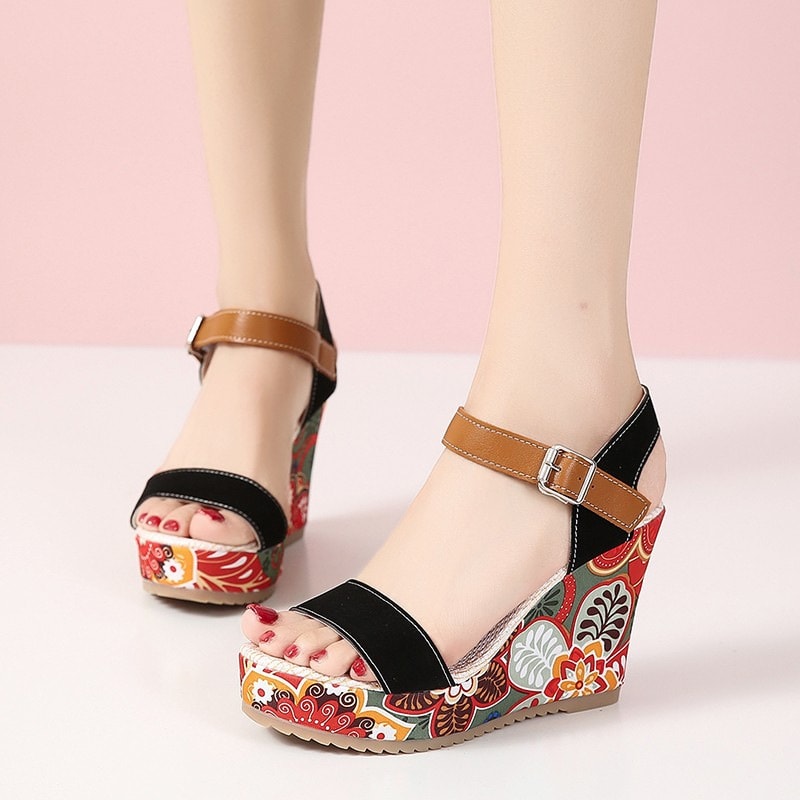 Fashion Flowers Embroidered High Wedge Sandals For Women Summer Toe Platform Buckle Shoes view 7
