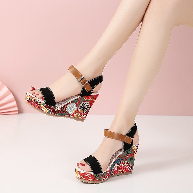Fashion Flowers Embroidered High Wedge Sandals For Women Summer Toe Platform Buckle Shoes view 5