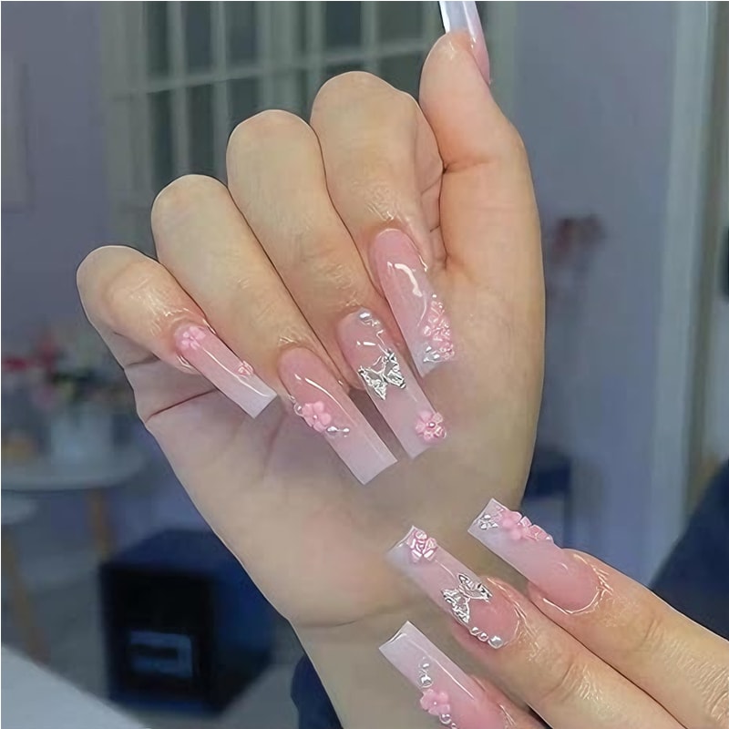 24 PCS Flower Diamond Butterfly Nail Art, Long Length Long Water Pipe Fake Nails,Square Head Nail Tips False Nail view 6
