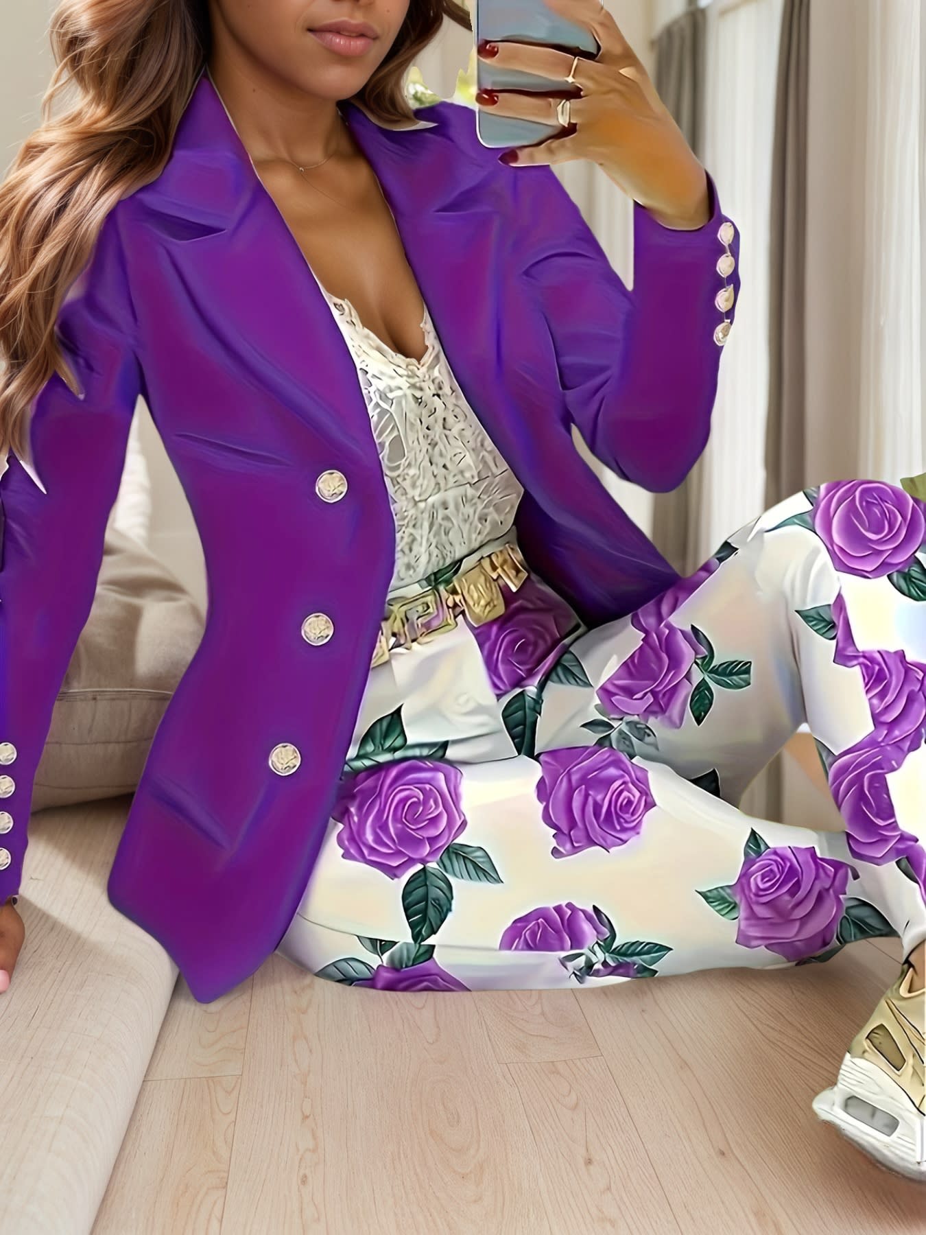New Elegant And Fashionable Casual Floral Print Set, Double Breasted Purple Suit Jacket And Floral Print High Waisted Slim Pants, Spring And Autumn Women’s Clothing view 6