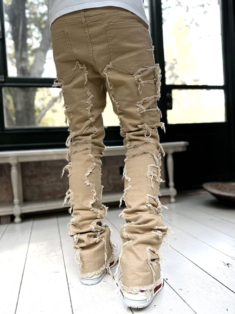 Ins Fringes Ripped Trousers Individual Patched Pants Long Tight Fit Stacked Jeans For Mens Clothing view 11
