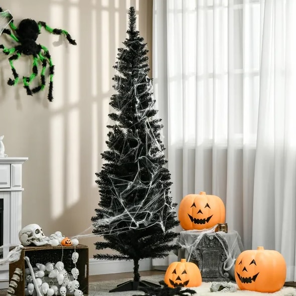 6 Ft Artificial Pencil Christmas Tree, Slim Xmas Tree With 390 Realistic Branch Tips And Plastic Stand, Black view 4